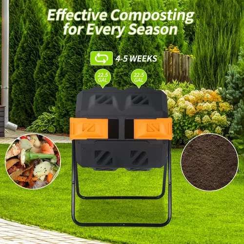 Vista 6 de Contenedor de compostaje para exteriores de 43 galones, compostador de doble cámara, contenedor de compostaje resistente para jardín, cocina, patio