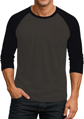 Vista 9 de Camiseta de béisbol raglán para hombre, manga larga, cuello redondo, tela ligera que absorbe la humedad para uso casual