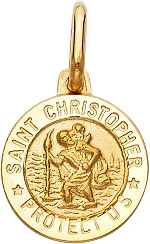 Vista 2 de Ioka 14K Yellow Gold St. Christopher Medal Pendant Necklace Protect Us Charm with 1.2mm Flat Open Wheat Chain