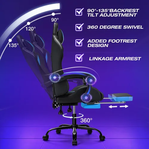Vista 8 de HOFFREE - Silla para juegos con luces LED RGB estilo carreras, color azul azul+negro