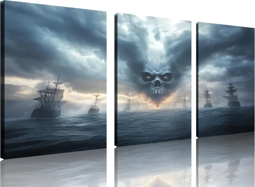 Vista 36 de TutuBeer 3 Piezas Arte de Pared Batalla Naval Barco Imagen Barco Pirata Velero Póster Barco Pirata Azul en Llamas Imagen Impresa en Lienzo Póster