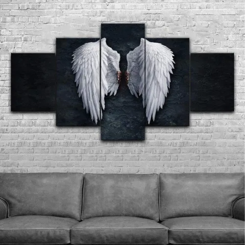 Vista 3 de Urttiiyy Lienzo decorativo de alas de ángel para pared, diseño de plumas de ángel en el suelo, pinturas en la pared, 5 paneles, carteles grandes