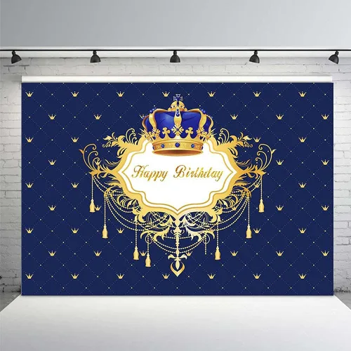 Vista 2 de Fondo de fotos de feliz cumpleaños azul y dorado para niño, corona de príncipe pequeño, decoración de fiesta, pancarta para fotografía de 7 x 5 pies
