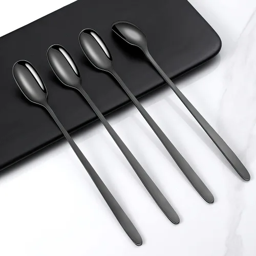 Vista 6 de Cucharas de té helado de mango largo, juego de 4, cucharas de café de acero inoxidable mate negro de 9.1 pulgadas, utensilios de agitación larga