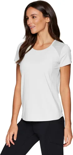 Vista 3 de RBX Camiseta de entrenamiento activo para mujer, con panel de malla transpirable, para gimnasio, correr, elástica, súper suave, con malla