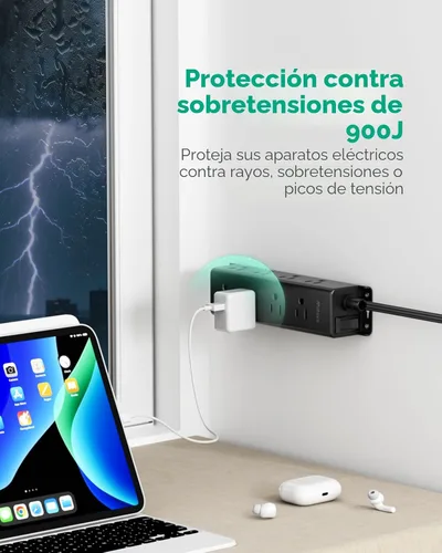 Vista 5 de Protección contra sobrecarga y regleta de enchufes - 9 tomas múltiples ampliamente espaciadas, montaje en pared, extensor de enchufes de 3 lados