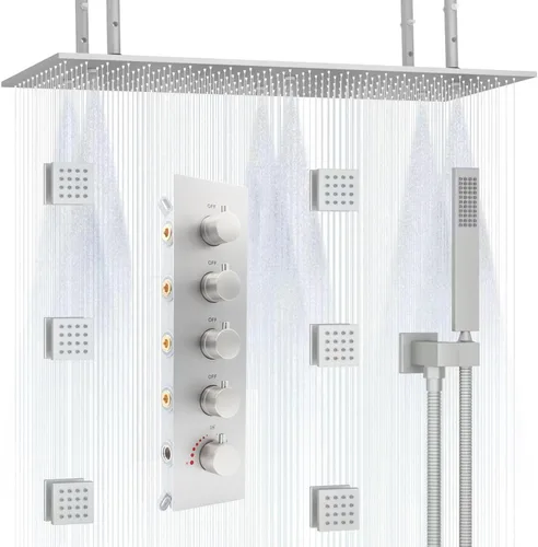 Vista 9 de Sistema de ducha termostático de lujo con cabezal de ducha, chorro de cuerpo ajustable de flujo, sistema de ducha de cuerpo completo de latón