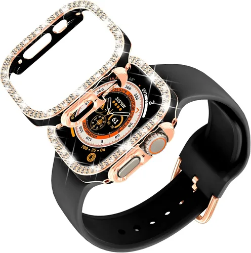 Vista 13 de DABAOZA Compatible con Apple Watch de 1.496 pulgadas con funda de parachoques con purpurina, correa ajustable de silicona negra, suave y cómoda