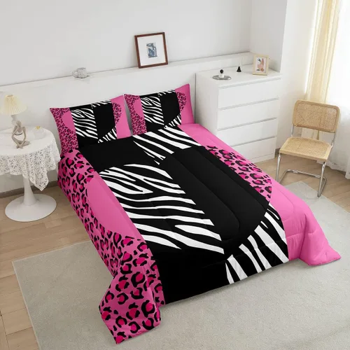Vista 3 de Manfei Juego de edredón de leopardo rosa, tamaño individual, juego de edredón romántico con estampado de corazón con 1 funda de almohada, juego