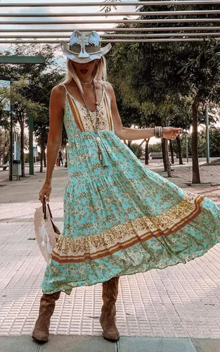 Vista 3 de Angashion - Vestido largo, diseño floral, ajustable con tirantes delgados, cuello en V, bohemio, para verano, playa, étnico y holgado, para mujer