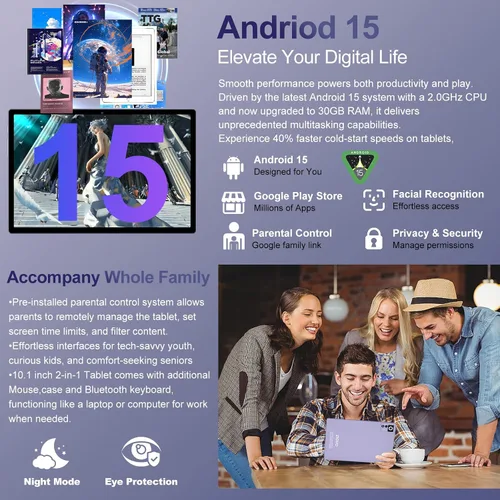 Vista 4 de Tableta Android 15 2025 con teclado AI Gemini, Tablets de Electrónica de 30GB+128GB de Ocho núcleos con pantalla IPS HD de 10 pulgadas, 8000mAh