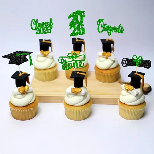 Vista 5 de Paquete de 24 adornos para cupcakes de clase 2026 con purpurina 2026 Felicidades Graduación Diploma Done Cupcake Picks 2026 Graduación Temática