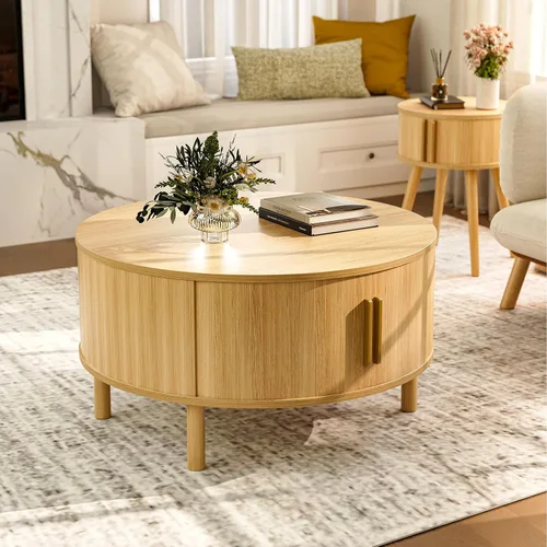 Vista 6 de ZttRiee Mesa auxiliar para sala de estar, moderna mesa de centro redonda con armarios y puertas correderas, espacio pequeño para el hogar, mesa