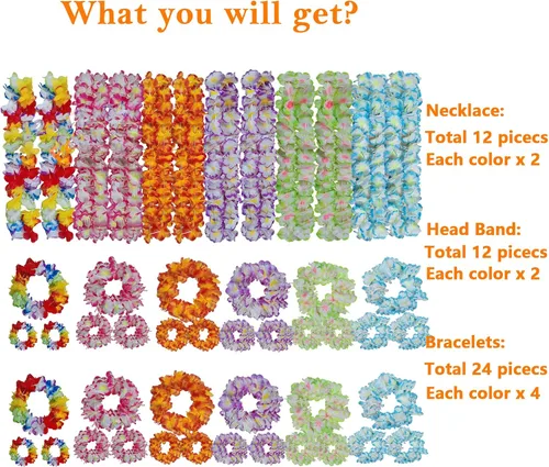 Vista 5 de Mowane 48 piezas de Leis hawaianos gruesos a granel, flores tropicales, 12 diademas, 24 pulseras, 12 collares florales para suministros de fiesta