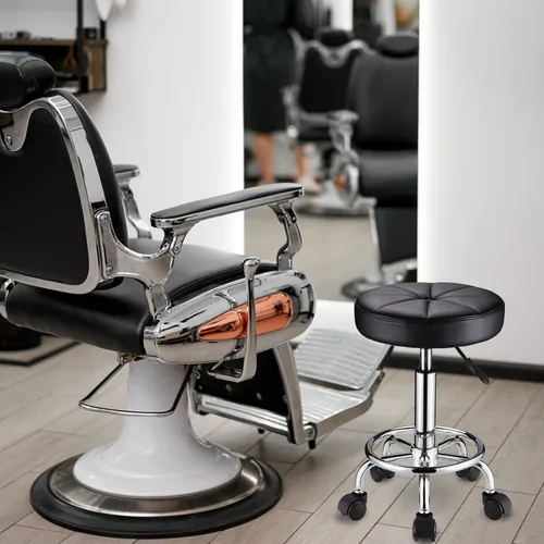 Vista 2 de HMTOT Taburete redondo con ruedas Silla giratoria ajustable de altura para spa salón masaje negro