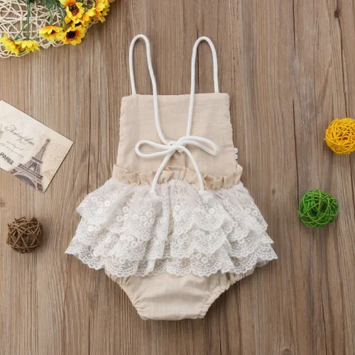 Vista 3 de Fiomva - Ropa para bebé recién nacida, mameluco con espalda descubierta, cuello halter y encaje, atuendos para niña