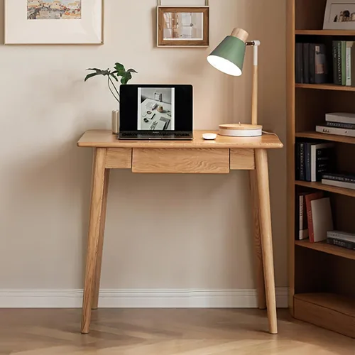 Vista 6 de Escritorio pequeño de madera, 100% roble con cajón, mesa de computadora de madera para escribir, mesa de maquillaje simple para dormitorio, oficina