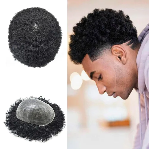 Vista 10 de Afro Toupee para hombres negros unidad de cabello humano para hombres negros postizo PU Ingección Afro Mens Toupee 4MM onda #1 negro azabache