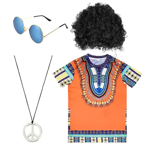 Vista 2 de SalLady Juego de disfraz hippie de 4 piezas, kit de trajes retro de los años 60 y 70 para hombre, incluye camisa hippie, peluca afro negra, lentes