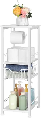 Vista 9 de OYEAL Armario de almacenamiento de papel higiénico negro pequeño estante lateral de baño con cajón estrecho gabinete de almacenamiento de toallas