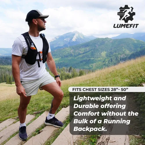 Vista 5 de LUMEFIT Chaleco para correr con soporte para teléfono, chaleco de hidratación con botella de agua, chaleco reflectante para hombres y mujeres