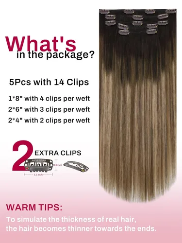 Vista 3 de Moresoo Extensiones de cabello humano con clip, balayage, color marrón oscuro a marrón dorado con clip, extensiones de cabello humano con clip, 5