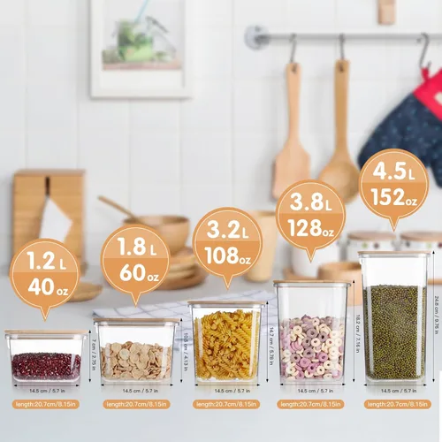 Vista 4 de Recipientes de plástico de gran capacidad para almacenamiento de alimentos con tapa de bambú, caja de sellado a prueba de humedad con tapas