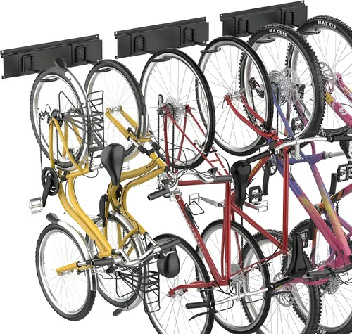 Vista 6 de WALMANN - Ganchos de bicicleta para pared de garaje, estante de almacenamiento para 6 bicicletas, ahorro de espacio