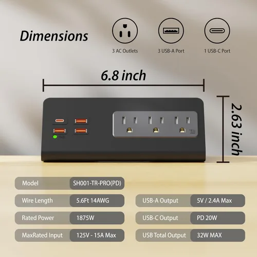 Vista 7 de Estación de Carga con Soporte de Abrazadera de Borde con Puertos USB-C, Protector contra Sobretensiones de Mesa, Enchufes de Alimentación