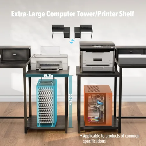 Vista 5 de SINPAID Escritorio para computadora de 47 pulgadas con estante para impresora, escritorio de juegos con soporte para monitor y cajones, escritorio