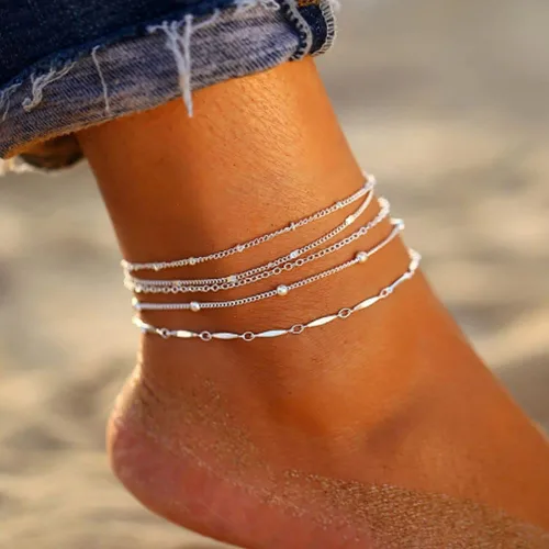 Vista 6 de Woent Tobilleras bohemias con cuentas de plata multicapa de cadena de cuentas, pulseras tobilleras accesorios de playa, joyería de pie ajustable