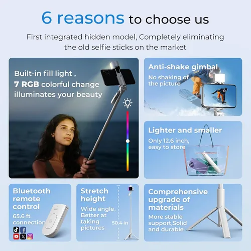 Vista 3 de BOMIDI Trípode de teléfono de 50 pulgadas con control remoto, trípode para iPhone, palo selfie 6 en 1 con luz y soporte, soporte extensible