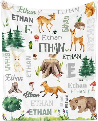Vista 20 de KAINSY Manta personalizada de animales para niños y niñas, safari en la selva, manta con nombre personalizado para cama de cuarto de bebé