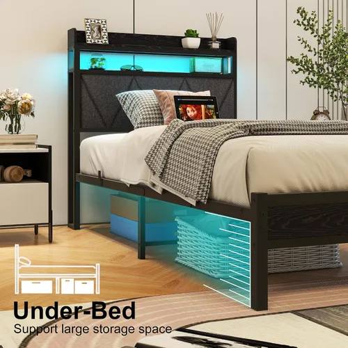 Vista 5 de Base de cama de tamaño individual con luces LED, cabecera tapizada de almacenamiento y estación de carga USB, marco de cama de metal resistente