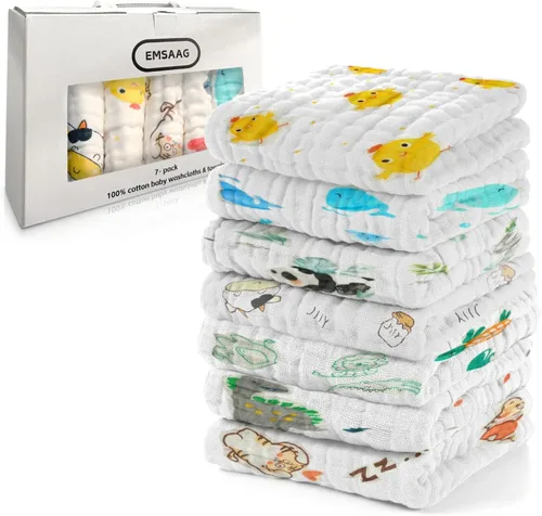 Vista 11 de Toallitas de muselina para bebé, toallitas para recién nacidos, paquete de 7 con patrón de animales, toallas absorbentes para baño y cara