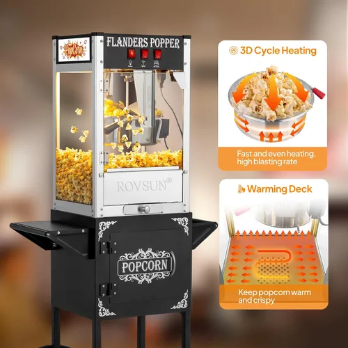 Vista 4 de Máquina de palomitas de maíz ROVSUN con carrito, ruedas y hervidor de 8 onzas, hace hasta 32 tazas, máquina de palomitas con cuchara para palomitas