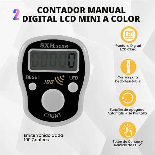 Vista 2 de Contador de dedo manual, clicker digital, paquete de 5 unidades, contador de puntadas para tejer, led, dígitos ajustables, pantalla LCD electrónica