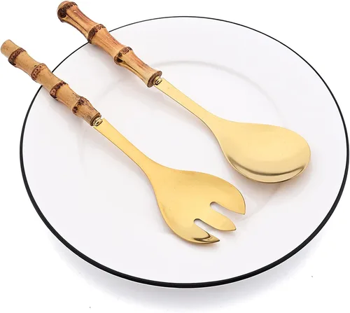 Vista 4 de Juego de 4 utensilios para servir con mango de bambú, acero inoxidable 304, cuchara larga Hanlde para cocina, bufé, banquete, boda, fiesta, cocina