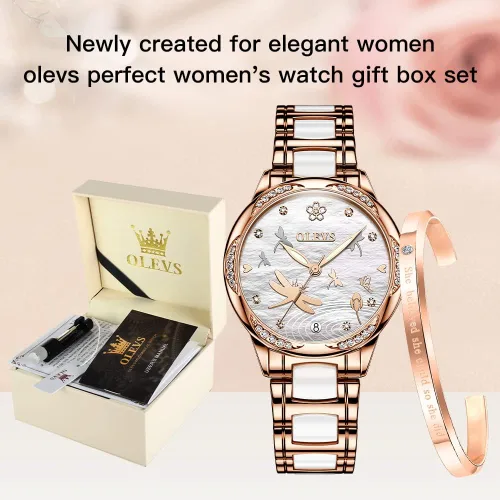 Vista 8 de OLEVS Relojes automáticos para mujer, mecánico, esfera de corazón, esfera de corazón, oro rosa, banda de cerámica, impermeable, luminoso, fecha