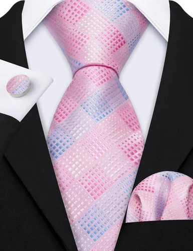 Vista 39 de Barry.Wang Juego de corbatas a cuadros para hombre con pañuelo gemelos de rayas clásicas