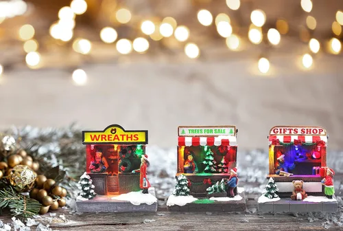 Vista 8 de Juego de 3 tiendas de pueblo navideño, incluye corona preiluminada, árbol y tienda de regalos, complemento perfecto para tus decoraciones navideñas