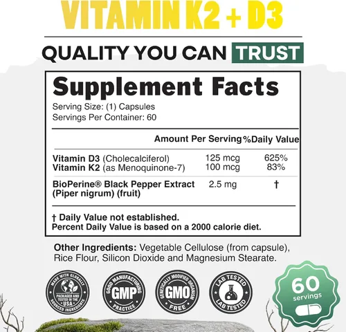 Vista 4 de Wild Foods Vitamina D3 + K2 5000iu (100mcg MK7), salud ósea y cardíaca