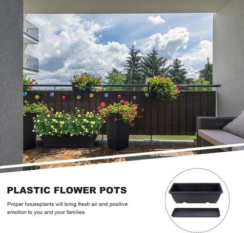 Vista 9 de GANAZONO Maceta rectangular de plástico de 19.68 x 7.48 x 5.90 pulgadas con orificio de drenaje y platillo para interiores y exteriores, patio