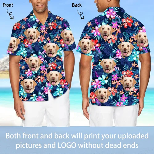 Vista 2 de Camisa hawaiana personalizada con imagen de mascota, divertida camisa hawaiana con cara personalizada divertida camisas con botones para hombres