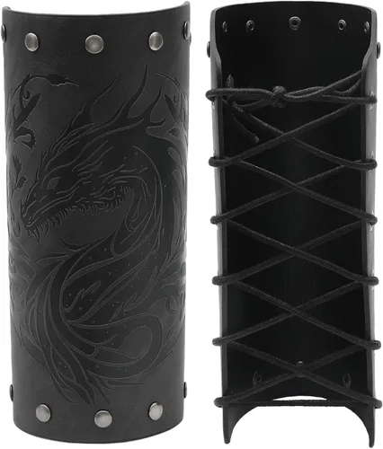 Vista 2 de JAOYU Brazaletes de cuero para hombre, armadura de brazo, brazalete de guantelete, brazaletes medievales, joyería vikinga para mujer, disfraz