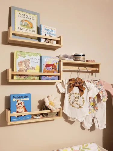 Vista 9 de Gneric Estantes flotantes para pared, estantes de libros Burlywood para guardería, estantería infantil de 15.7 pulgadas, estantes de pared