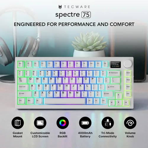 Vista 2 de TECWARE Teclado mecánico para juegos Spectre 75 Pantalla LCD personalizable y perilla Bluetooth inalámbrico de tres modos de 2.4 GHz Montaje