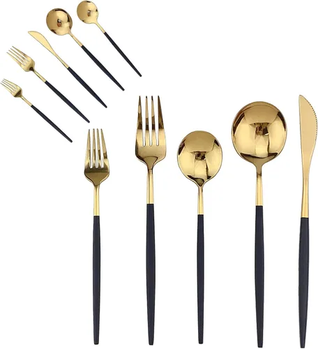 Vista 13 de Juego de cubiertos de 10 piezas – Utensilios de acero inoxidable 304 negro, tenedores, cucharas, cuchillos – Cubertería pulido espejo para 2