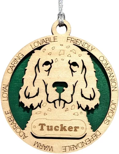Vista 202 de Adorno de Navidad personalizado para perro Cavalier King Charles Spaniel, redondo de 3 pulgadas, madera cortada con láser de 2 capas, nombre y texto