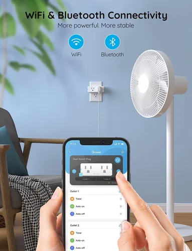 Vista 4 de Govee Paquete de 2 enchufes inteligentes duales, toma Bluetooth WiFi de 15 A, funciona con Alexa y Google Assistant, paquete de diseño compacto 2
